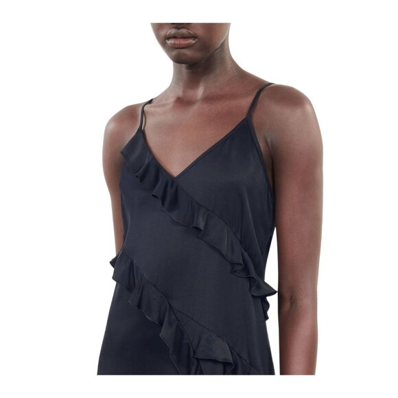 NWT The Kooples Black Long Ruffle Slip Dress Asymmetrical Hem‎ Size US 8 - Picture 9 of 13
